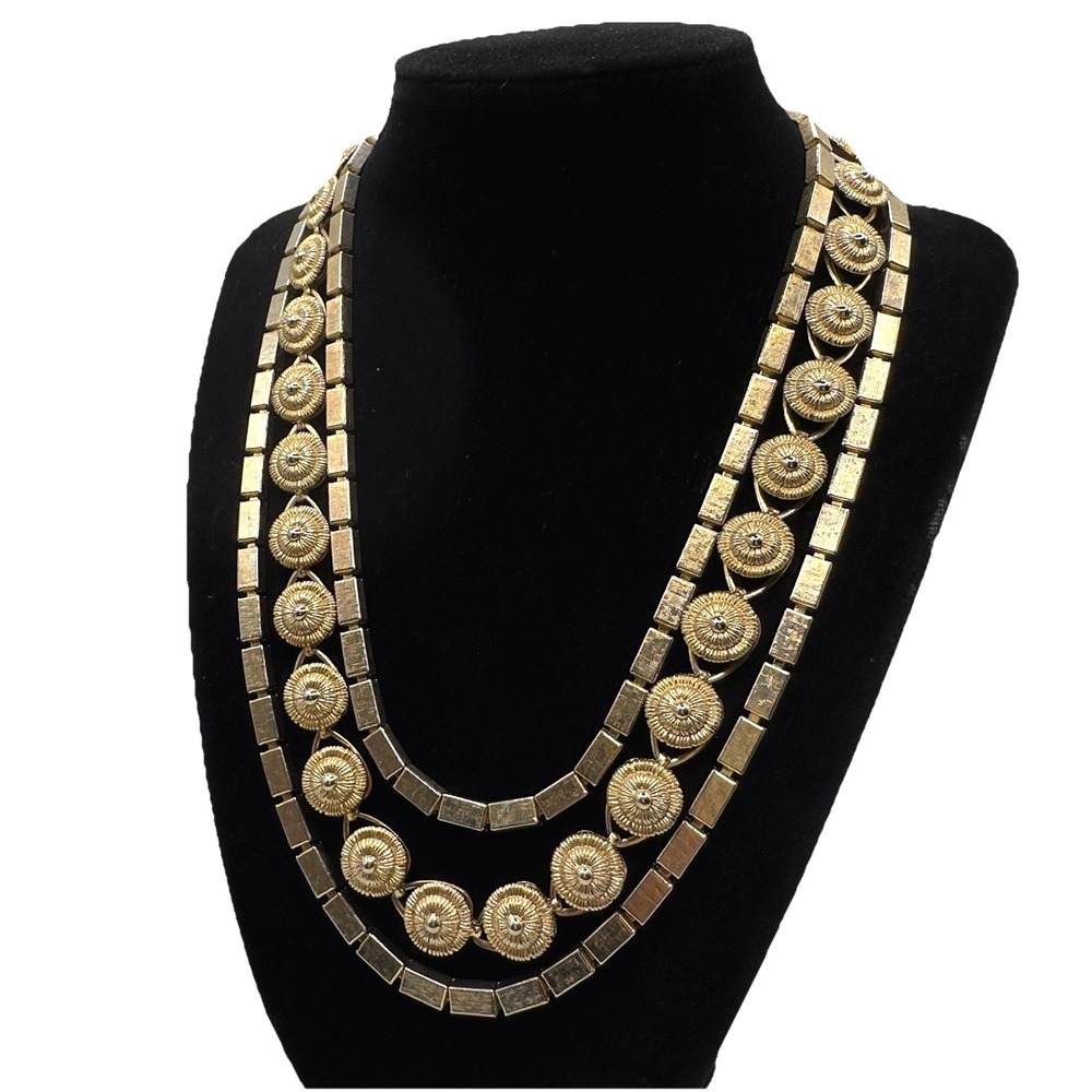Vendome Etruscan Style Necklace Gold Tone Layered Multi Strand Vintage 16" - 19"